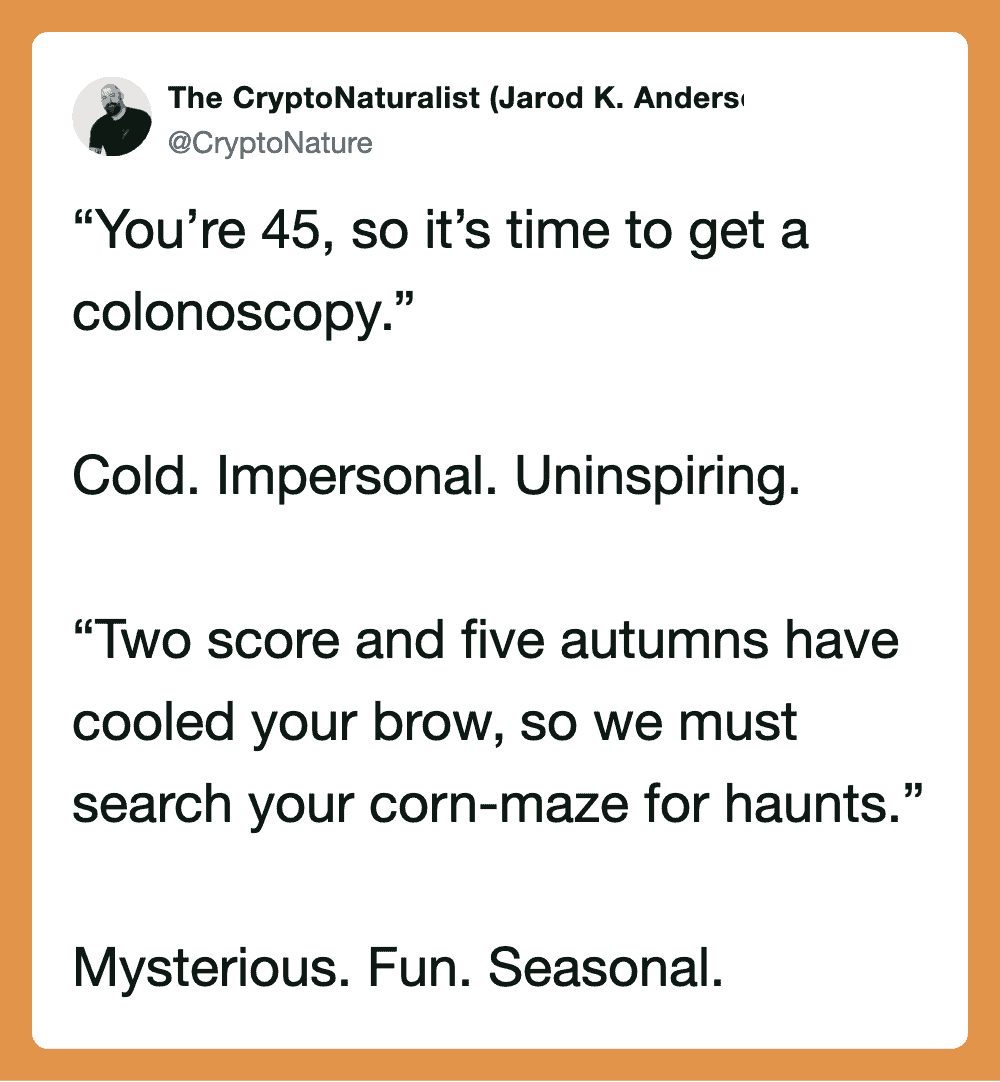 Quote about getting a colonoscopy at age 45, with comments on cold, impersonal, unspiring experience.