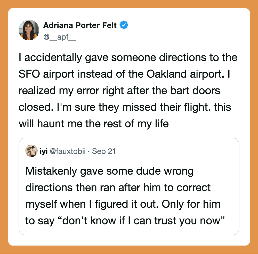Twitter post about giving wrong directions at SFO airport, humor about missing flight.