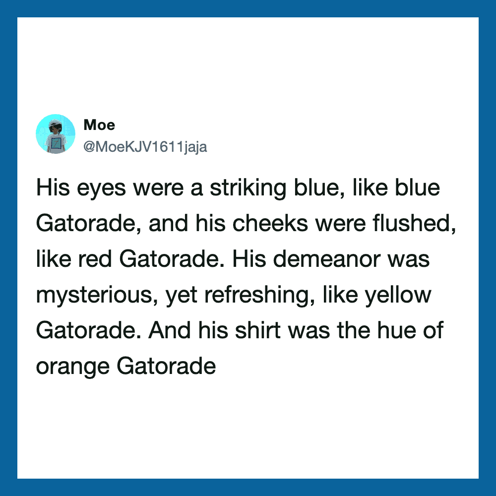 A tweet by Moe describing a person's striking blue eyes, flushed cheeks, and orange shirt, all liken.
