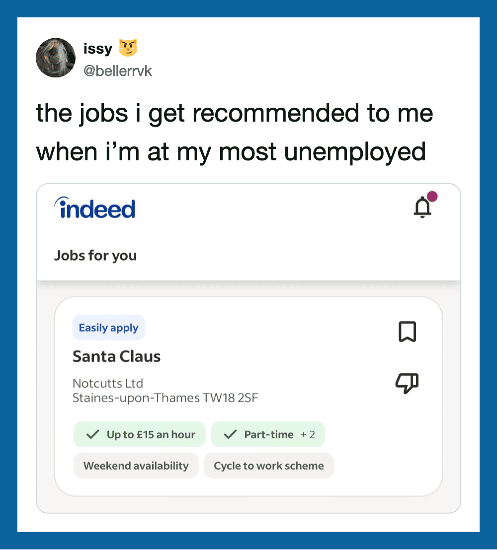 Screenshot of a tweet about job recommendations when unemployed, showing a Santa Claus job listing.