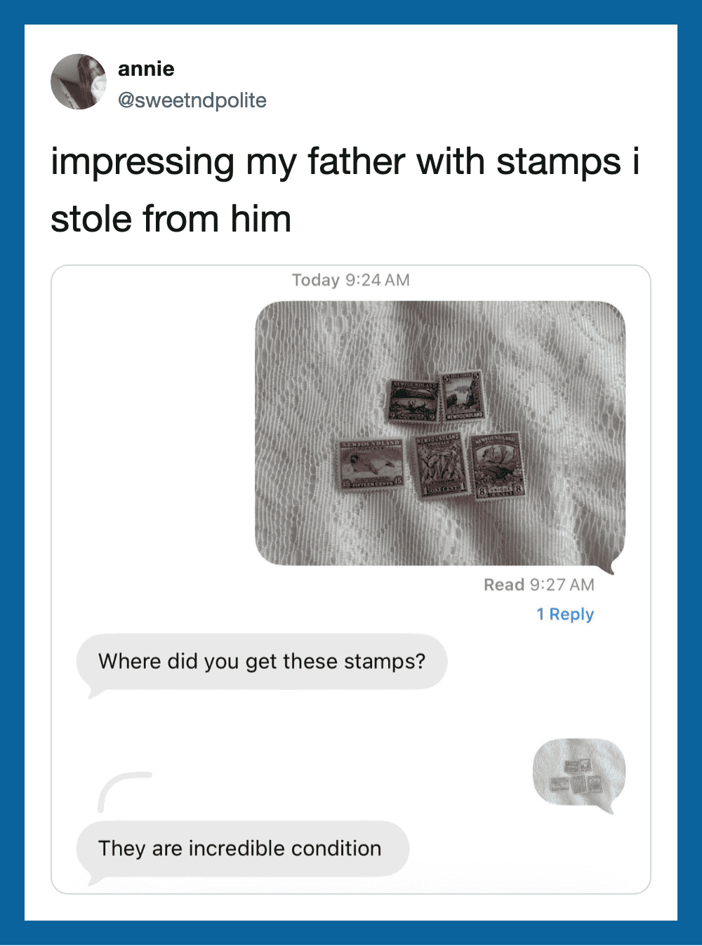 Text conversation about stamps with a photo of stamps attached.