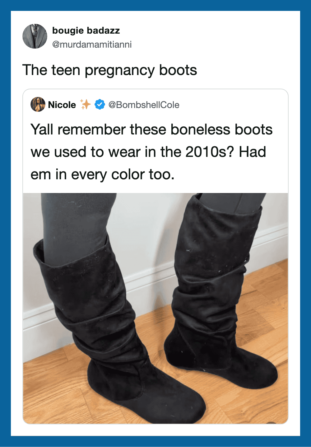 Teen pregnancy boots meme showing black boots, caption about 2010s boneless boots.