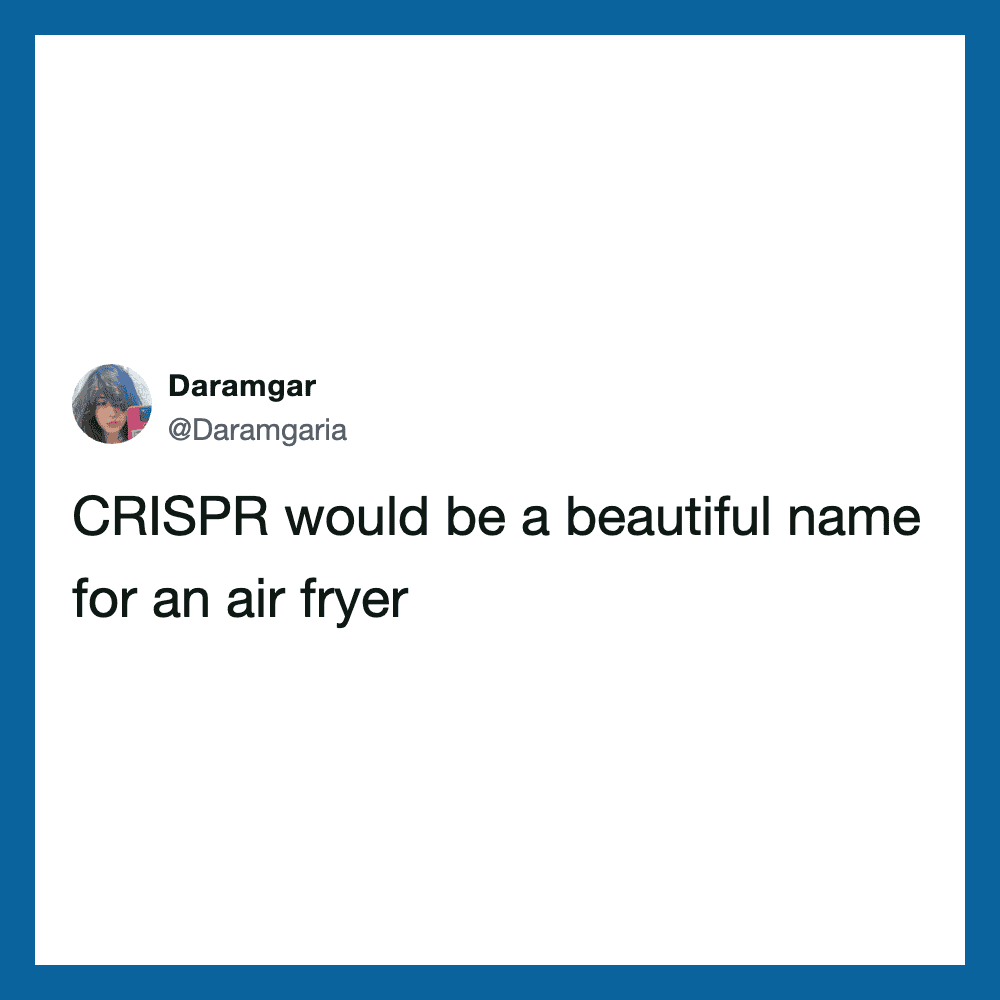 Daramgar's tweet about CRISPR being a beautiful name for an air fryer.