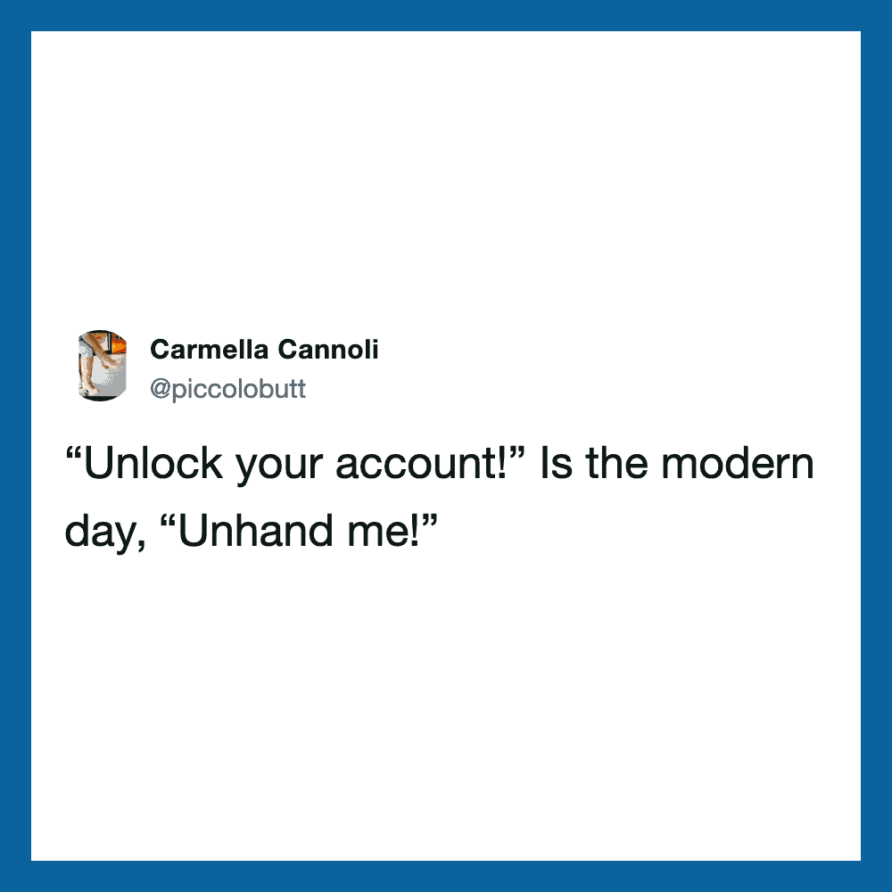 Carmella Cannoli's tweet about unlocking accounts and unhanding.