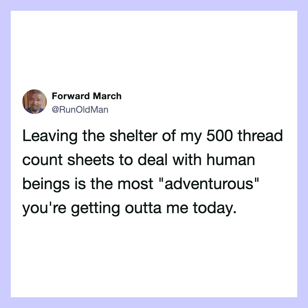Twitter post by Forward March about leaving shelter of 500 thread count sheets.