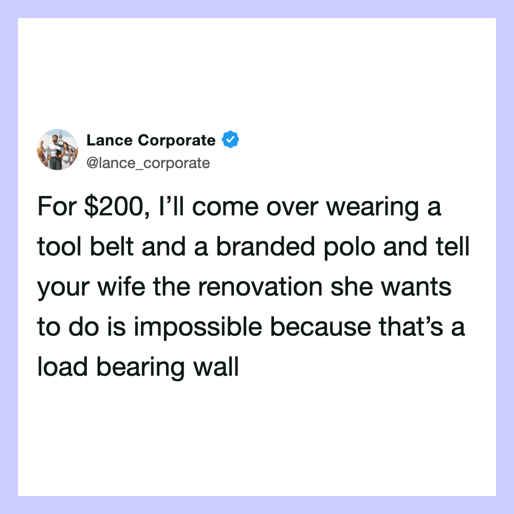 Lance Corporate tweet about wearing a tool belt and polo for $200.