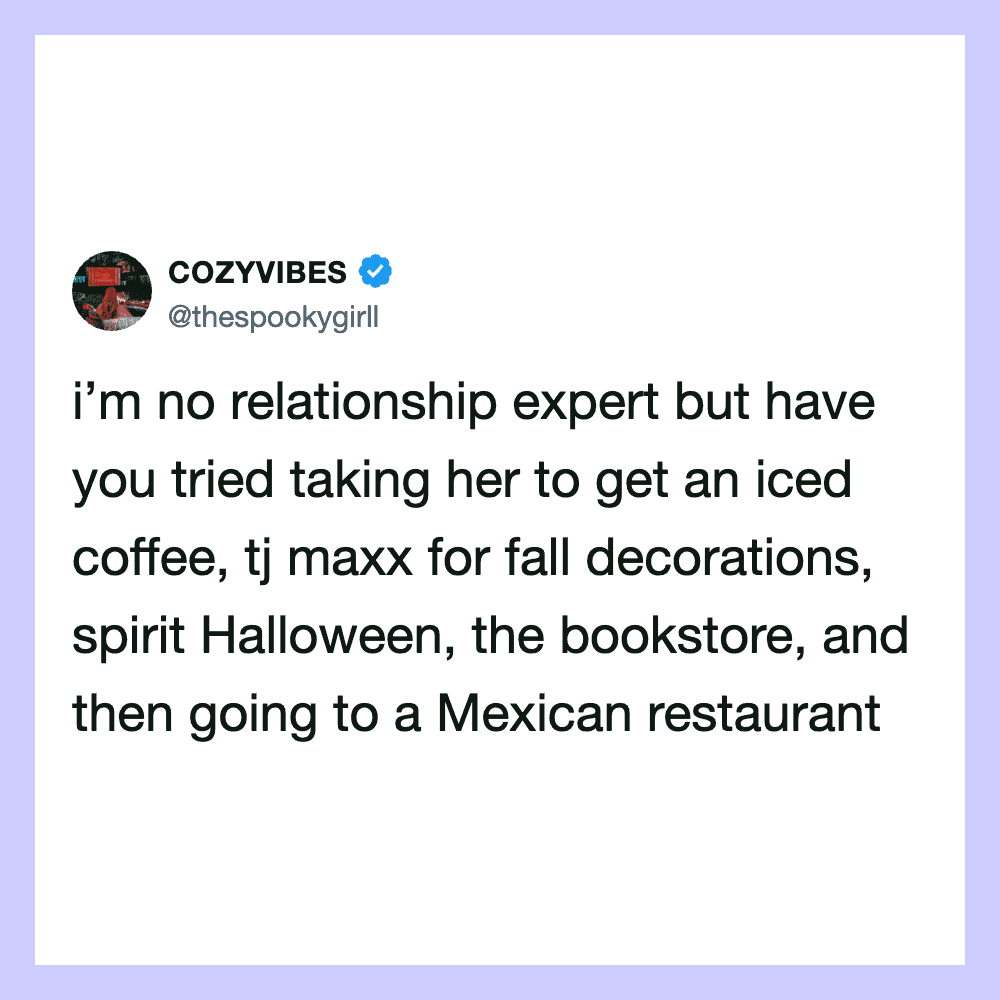 Tweet from @thespookygirlil about relationship attempts and fall decorations.