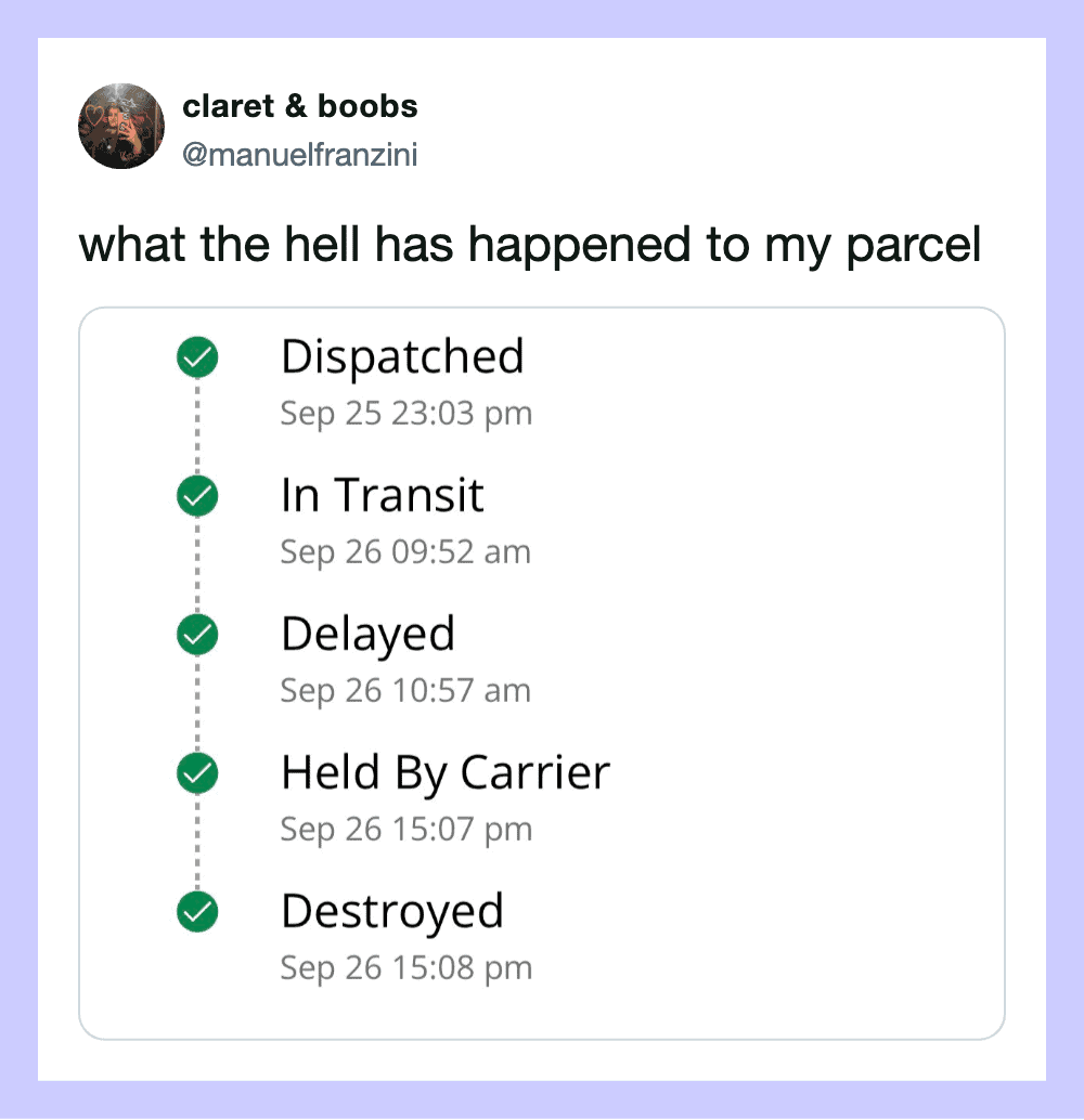 Parcel delivery status timeline from dispatched to destroyed.