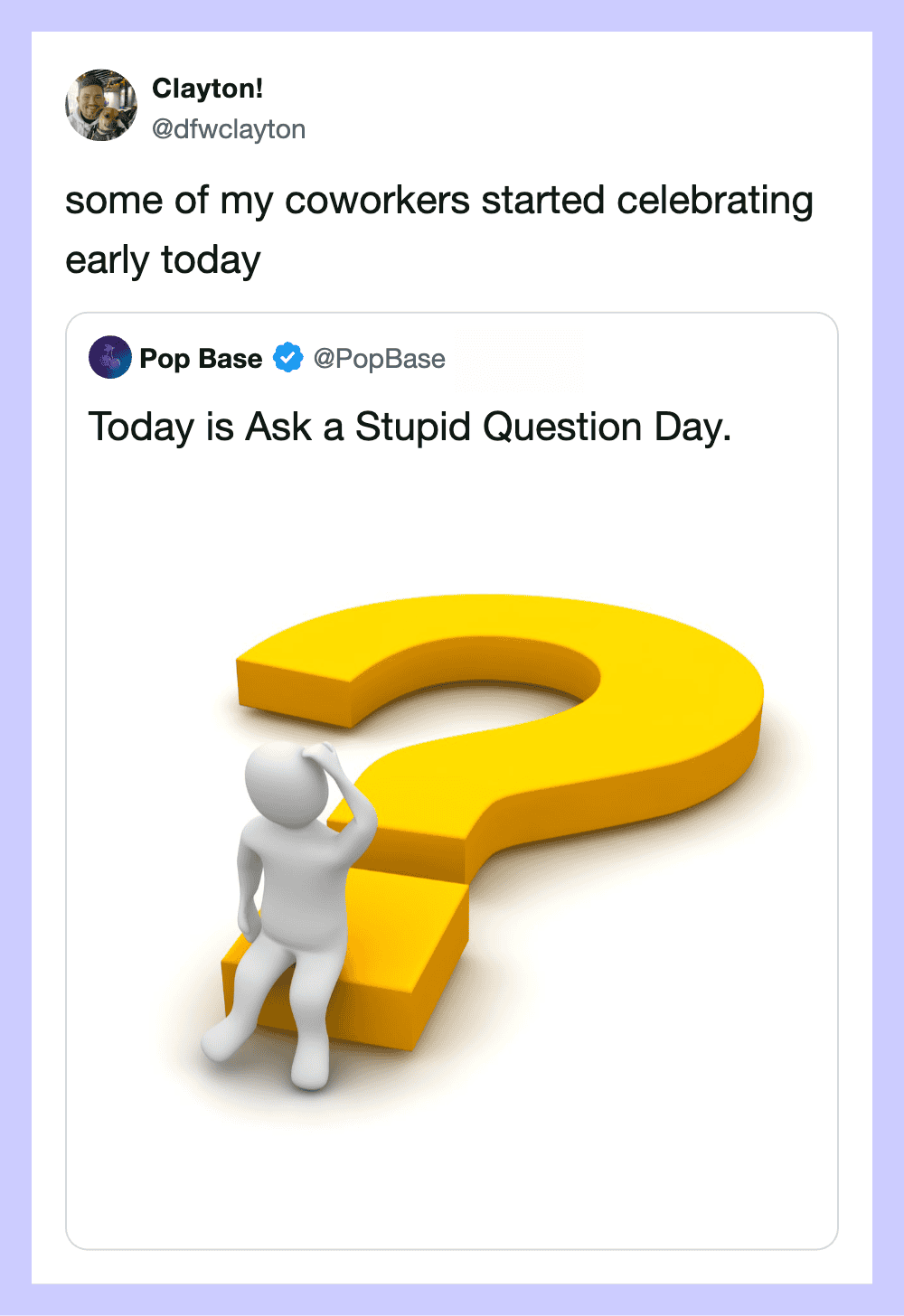 Coworkers celebrating early with a question mark image.