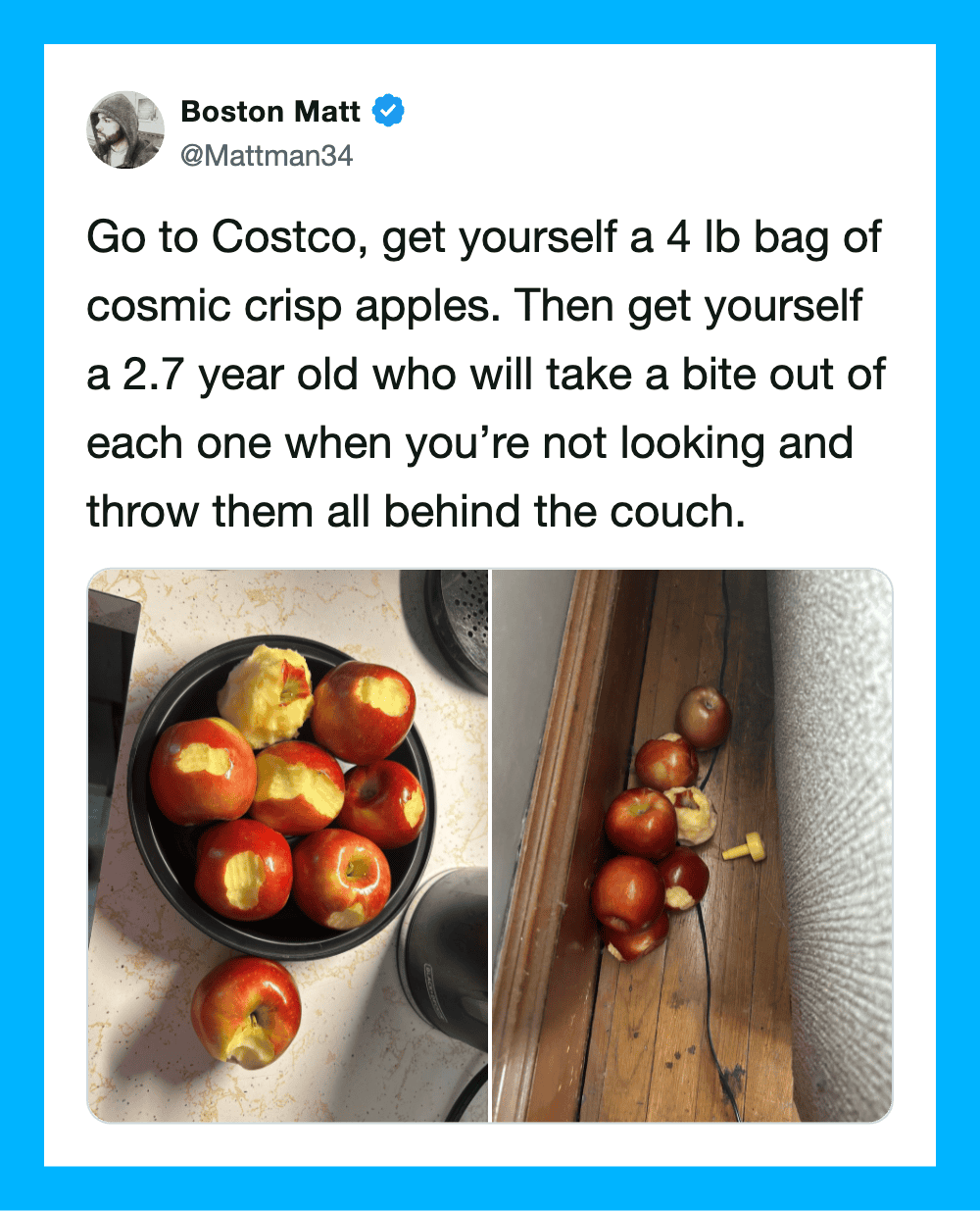 A bowl of apples and apples on the floor with a yellow toy, from a tweet about feeding a child.