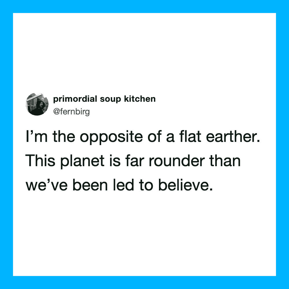 Twitter post by primordial soup kitchen about Earth's shape and beliefs.
