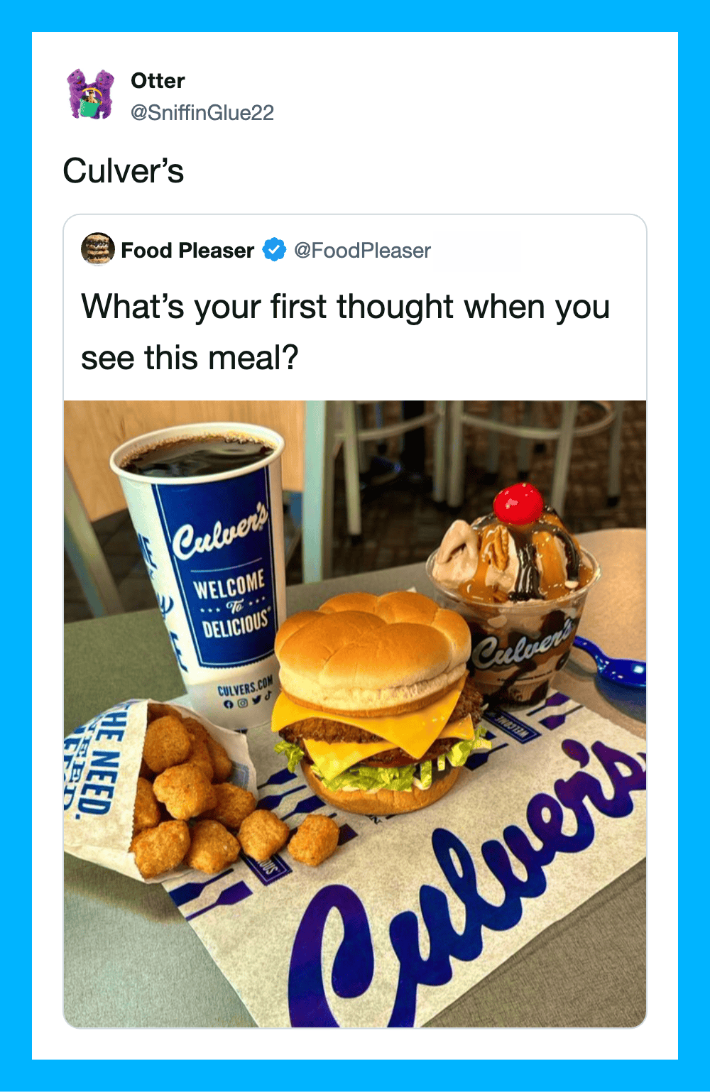 Culver's meal with a burger, fries, a milkshake, and a coffee cup.