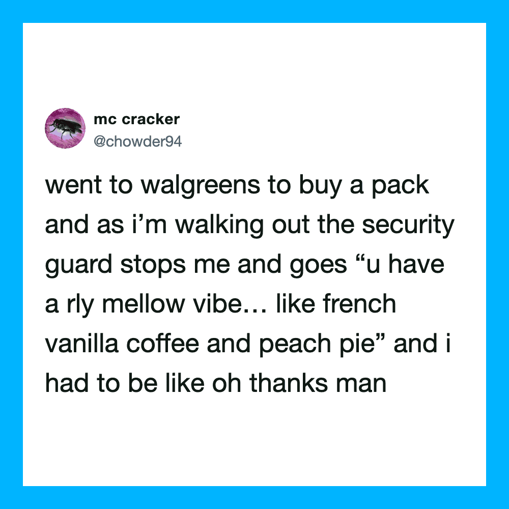 Twitter post about buying a pack at Walgreens and security guard's comment.