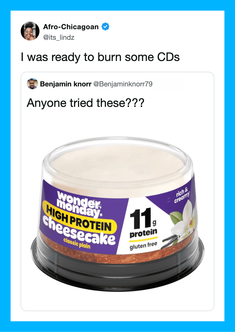 Twitter post about burning CDs with an image of a cheesecake container.