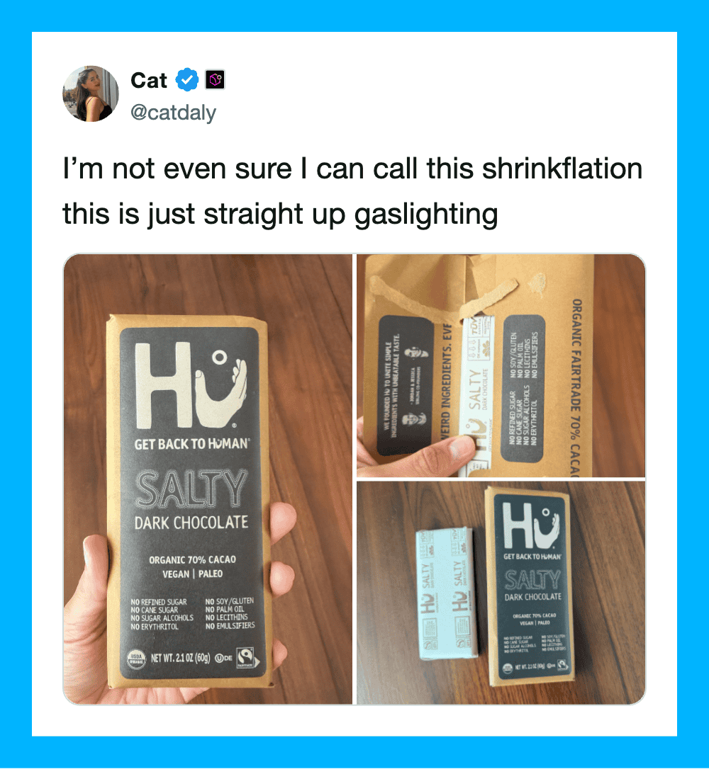 Tweet about gaslighting with images of a chocolate bar and packaging.