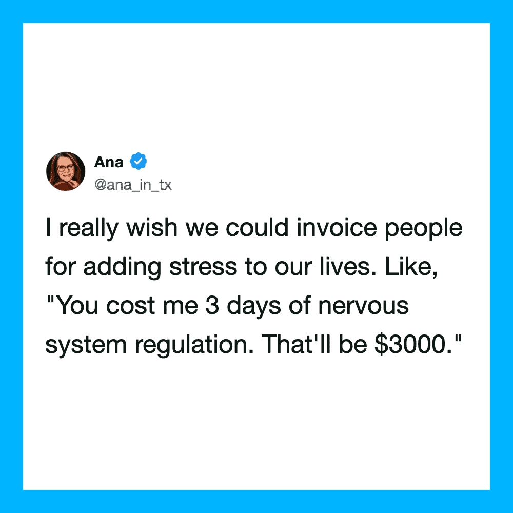 A tweet by Ana about invoicing stress and nervous system regulation costs.