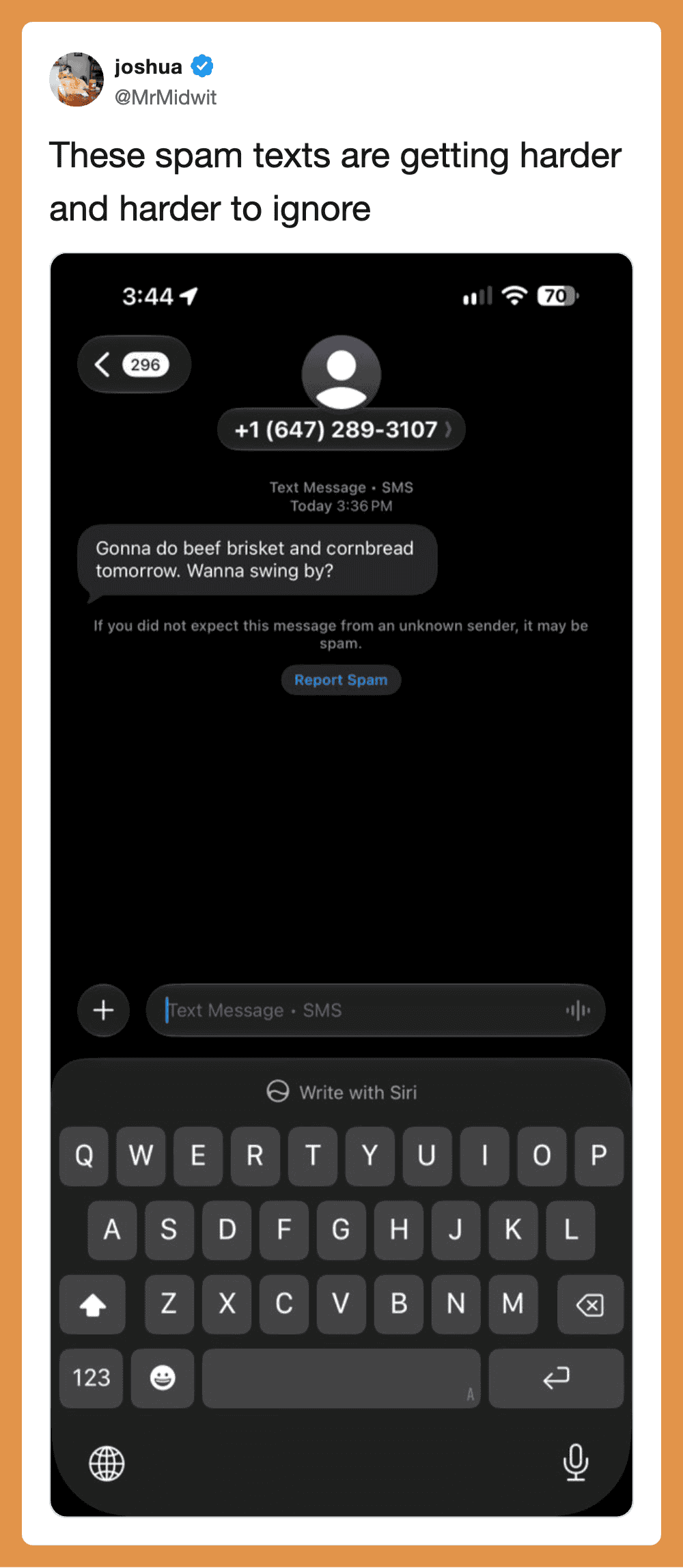 Spam text message about beef brisket and cornbread from unknown sender.