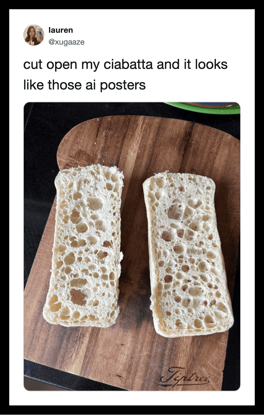 Two slices of ciabatta bread on a wooden cutting board, resembling AI posters.
