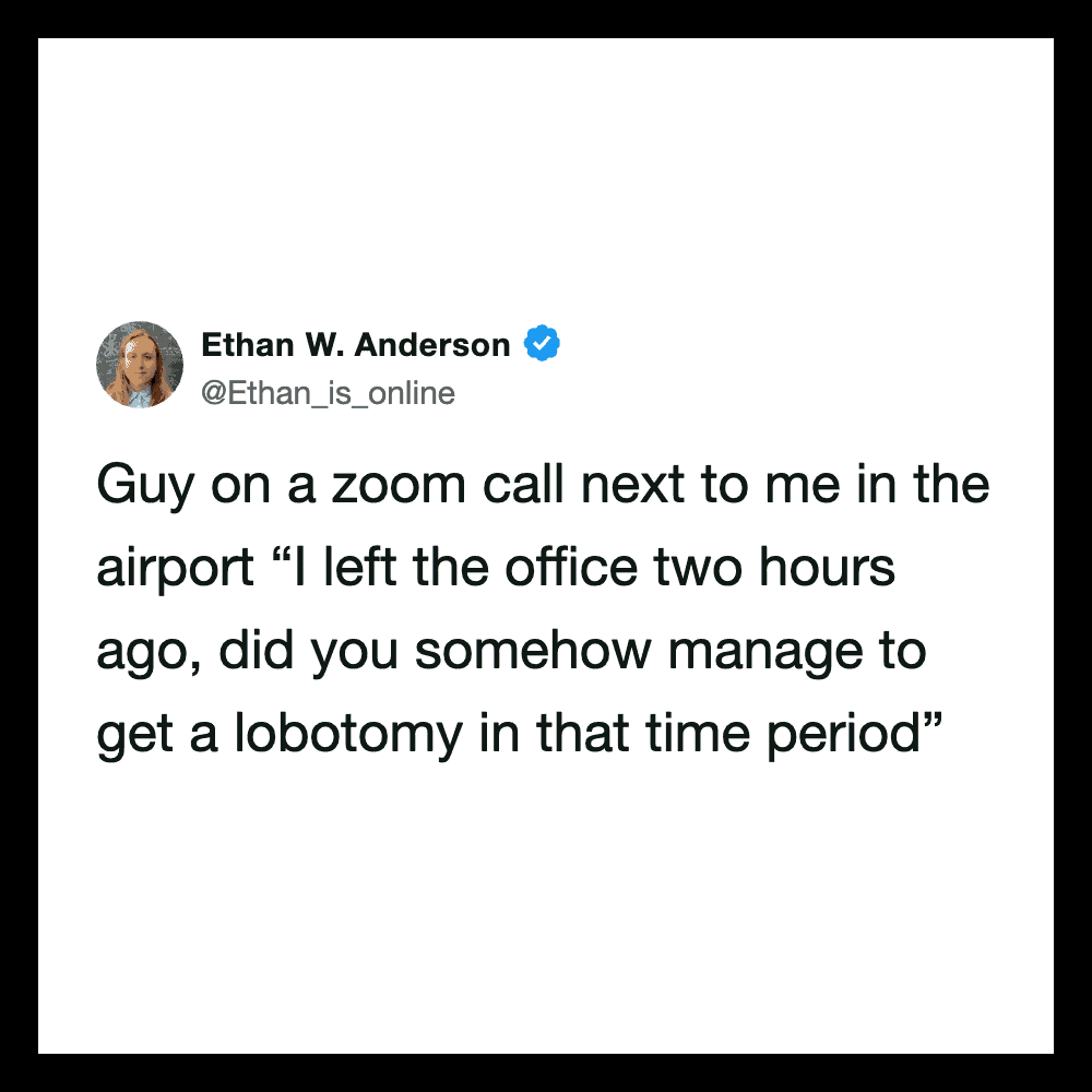 Ethan W. Anderson's tweet about a guy on a Zoom call at the airport.