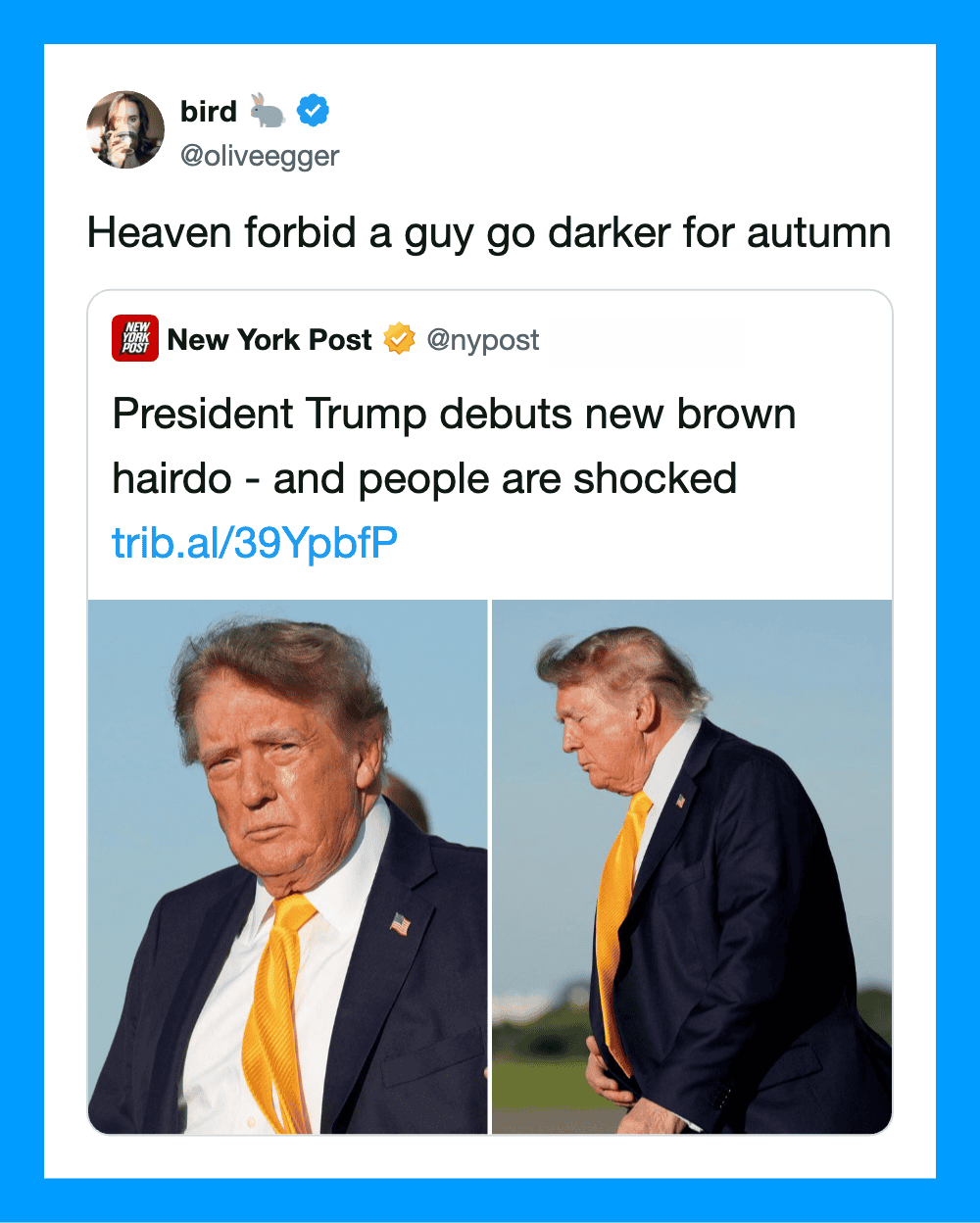 Twitter post with images of Donald Trump with brown hair, caption about autumn and darker hair.