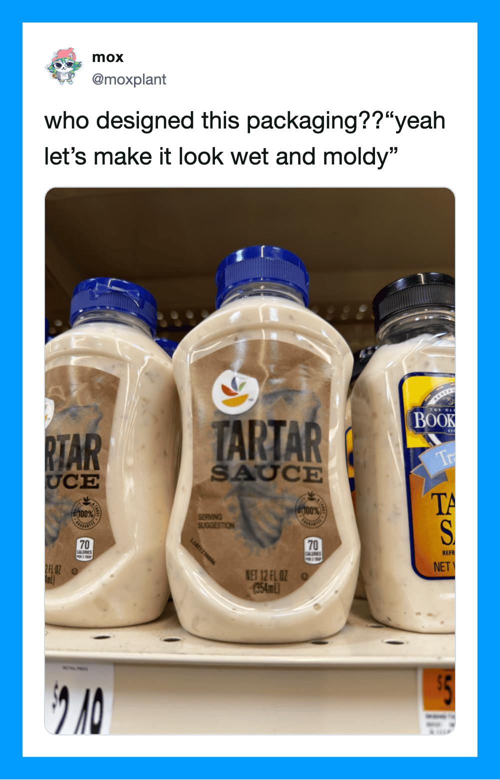Three bottles of tartar sauce on a store shelf, with a humorous tweet about packaging design.