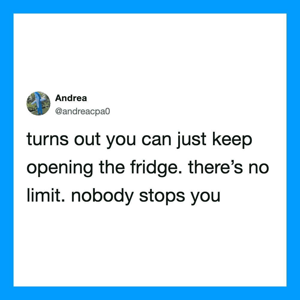 Tweet by Andrea about opening the fridge without limit.