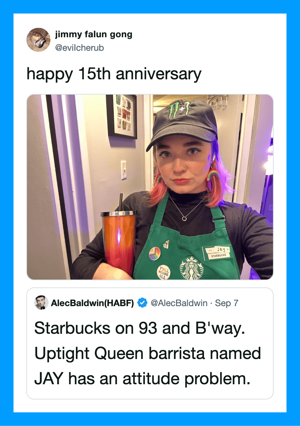 A woman in a Starbucks uniform holding a drink, celebrating 15th anniversary.