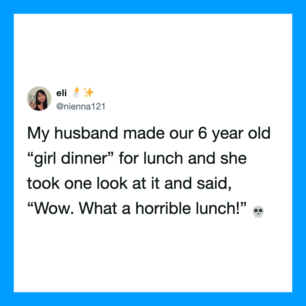 A tweet about a 6-year-old girl dinner joke with a skull emoji.