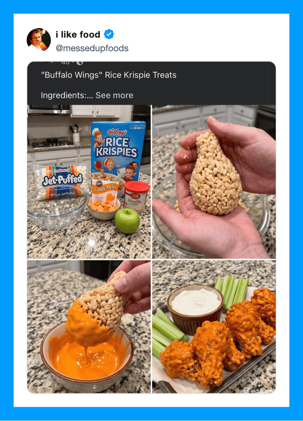 Image of Rice Krispies treats, apple, and chicken wings with dip.