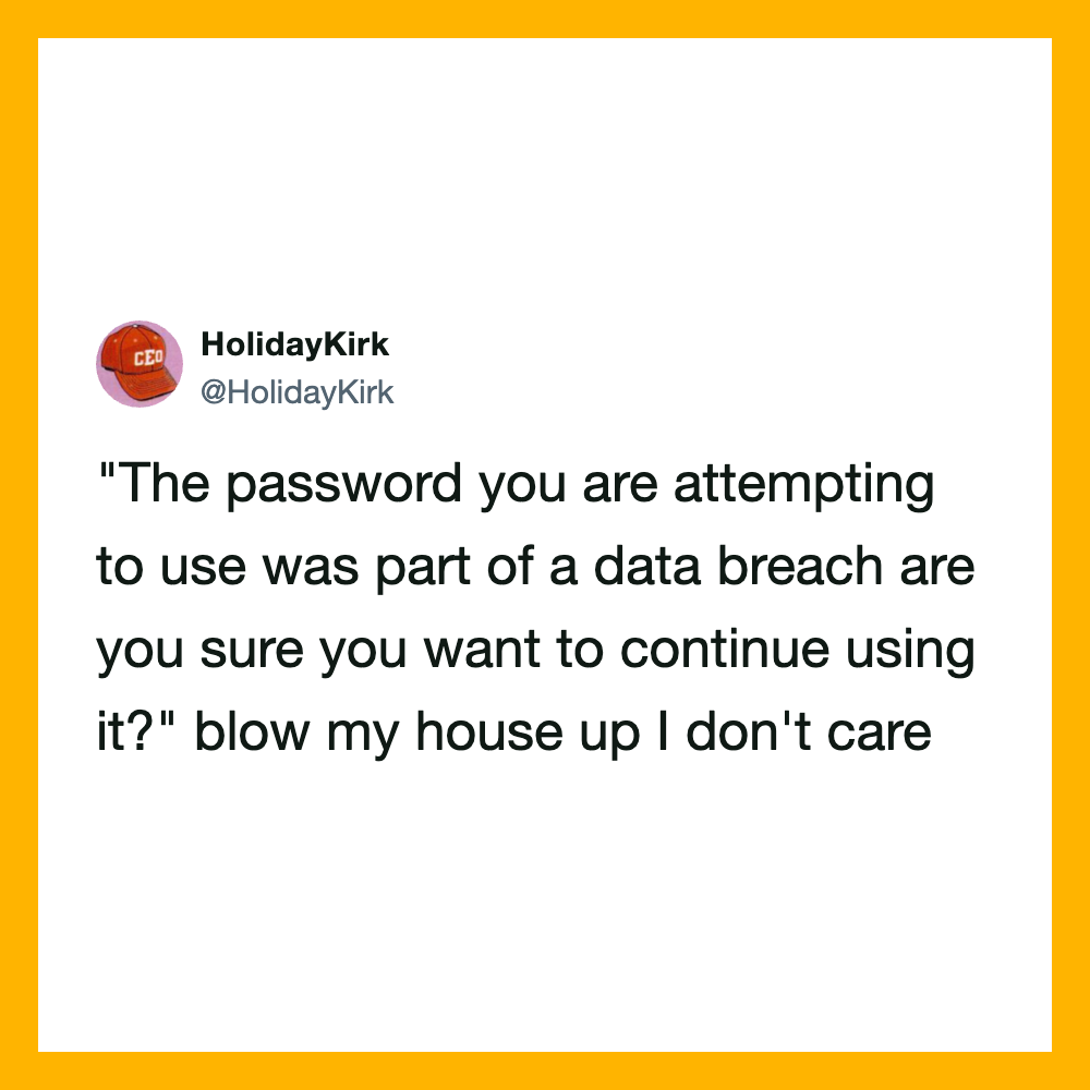 Tweet from HolidayKirk about data breaches and password security.