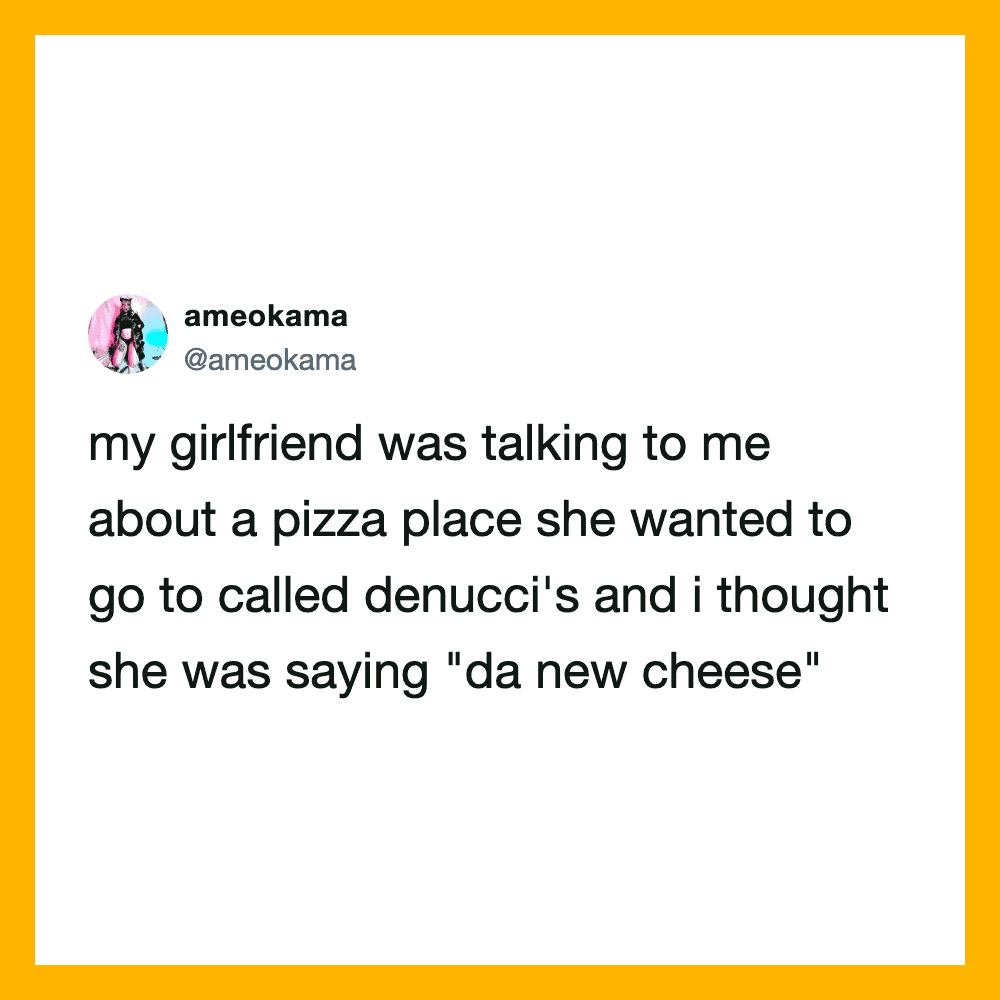 A tweet from @ameokama about a funny misunderstanding at a pizza place.