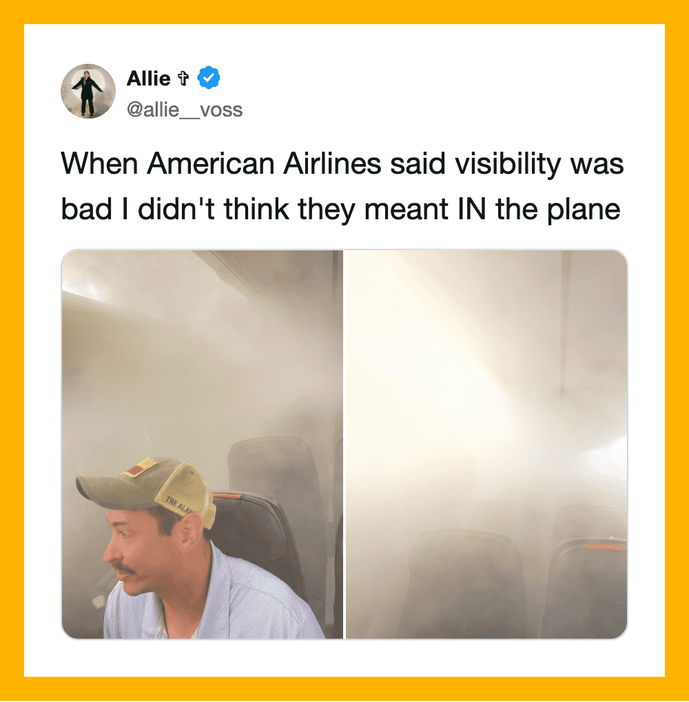 Humorous tweet about airplane visibility with a side-by-side photo of a man and foggy plane interior.