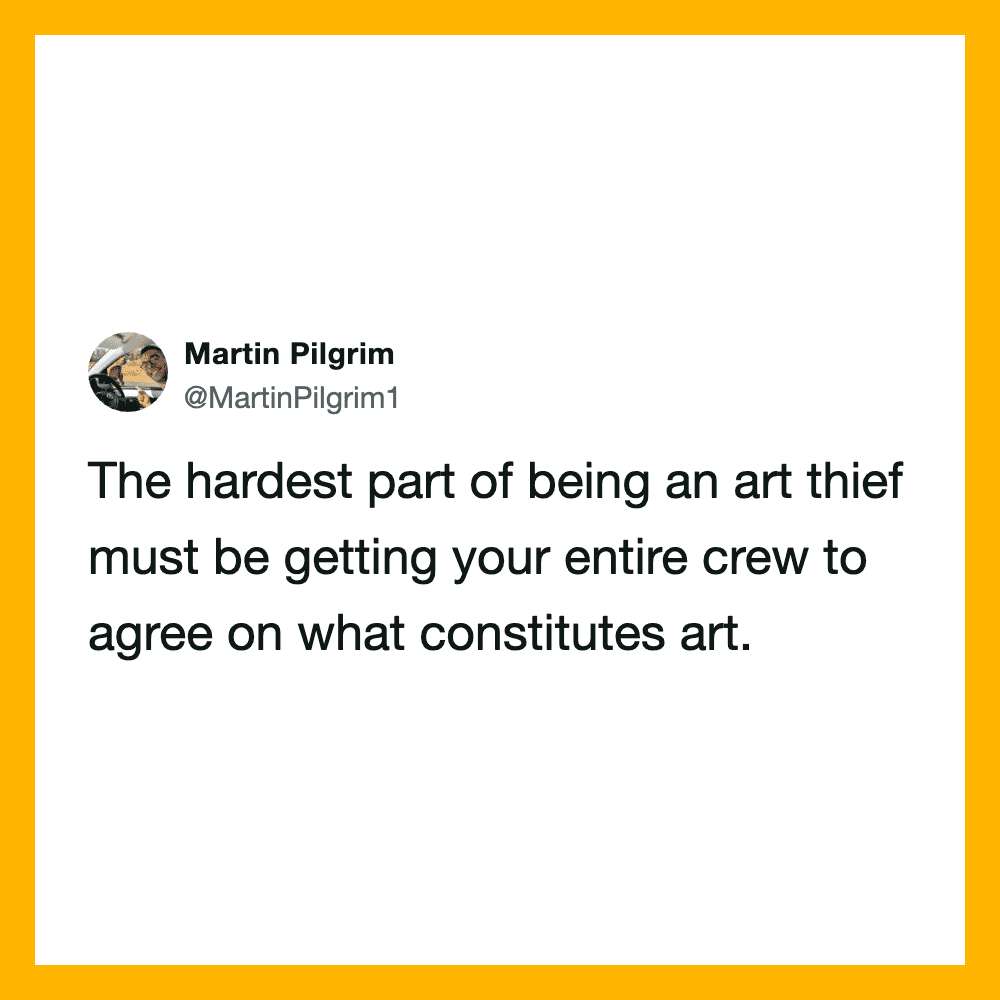 Martin Pilgrim's tweet about art theft and crew agreement on art.