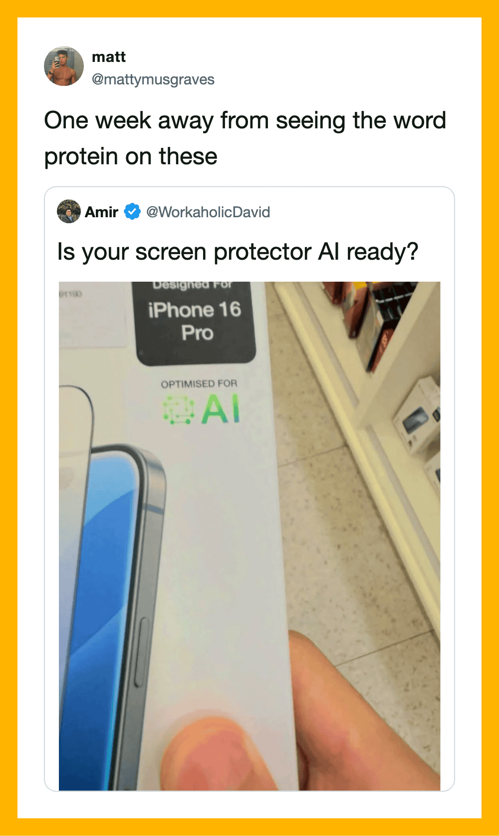 A person holding an iPhone 16 Pro box with 'Optimized for AI' label, in a store.