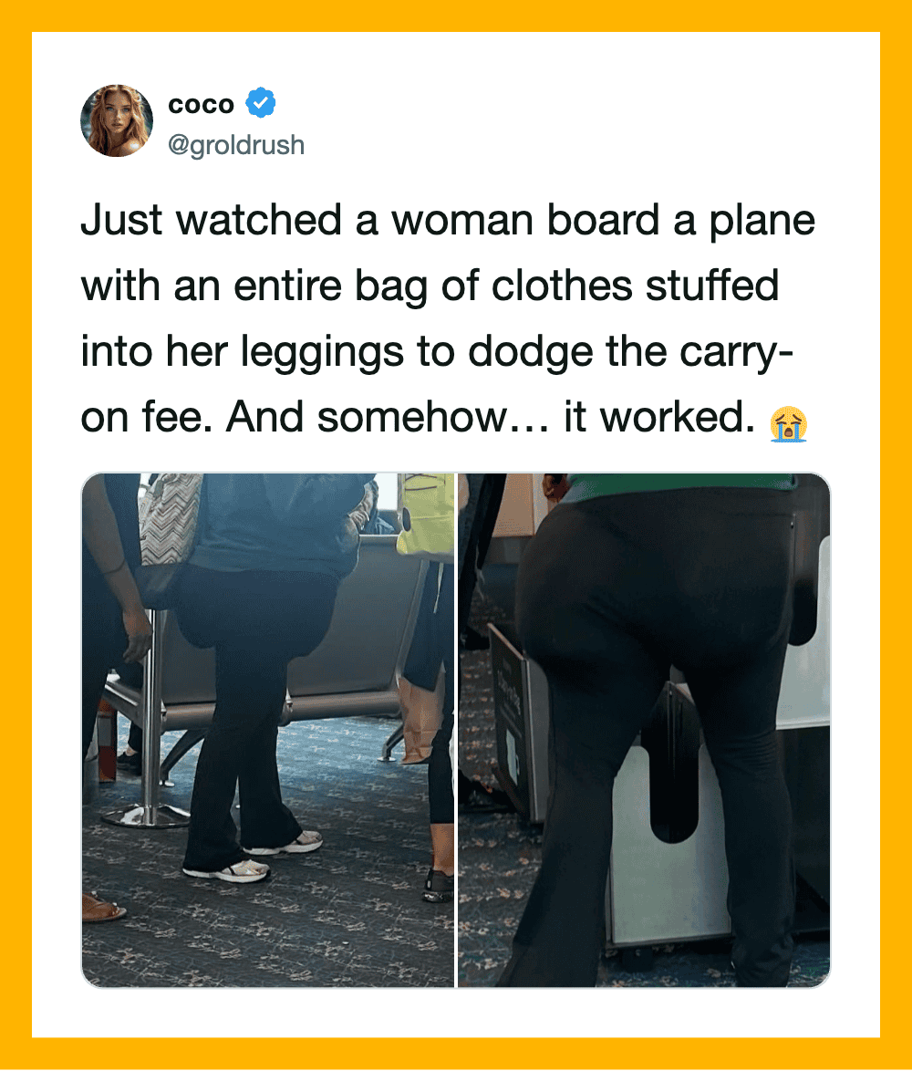 Woman with clothes stuffed into leggings on a plane, two photos side by side.