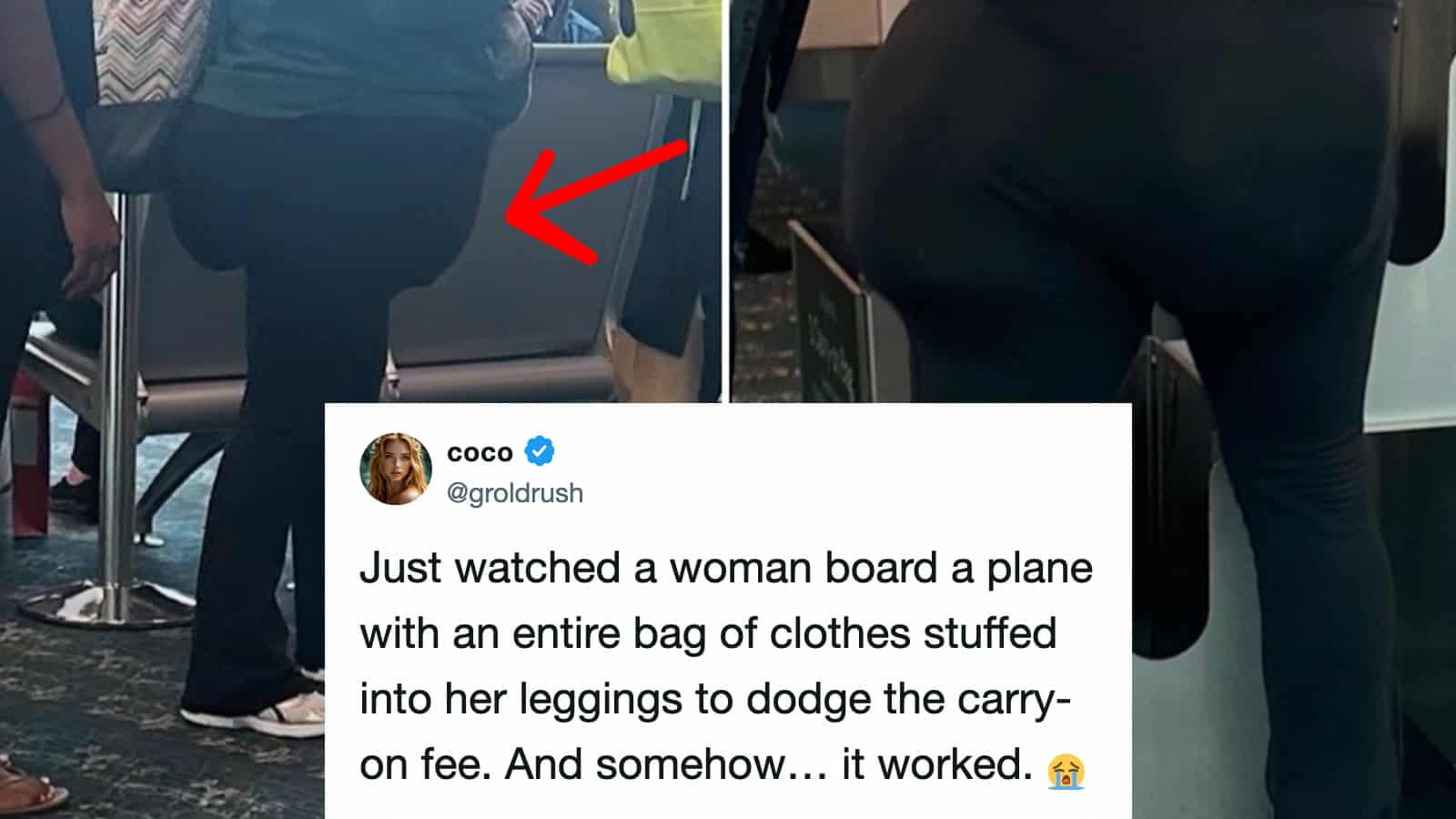 Woman with a large bag of clothes stuffed into her leggings on a plane.