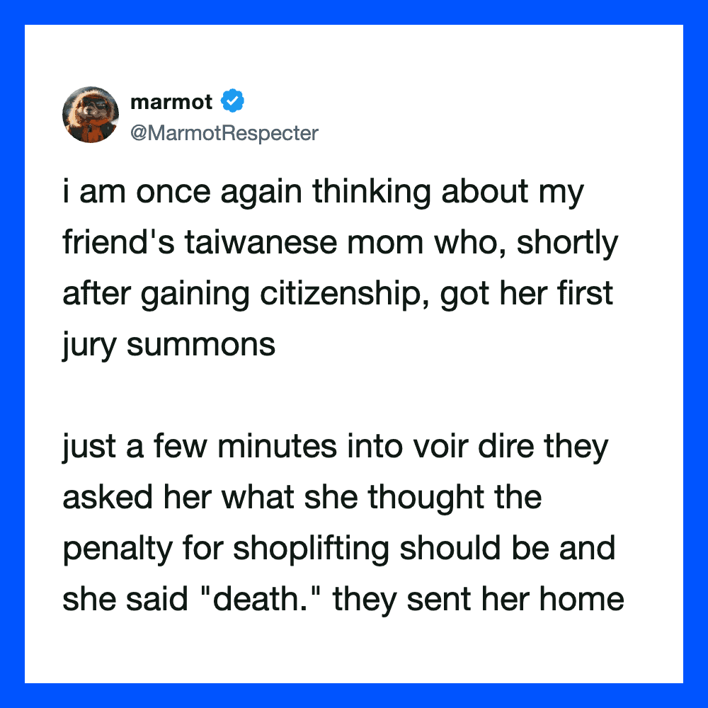 Twitter post about Taiwanese mom's jury summons and her death sentence comment.