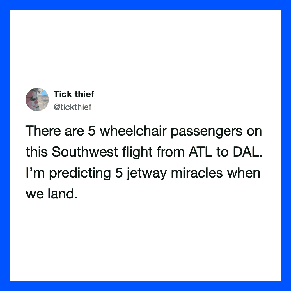 Tweet about 5 wheelchair passengers on a flight from ATL to DALL.