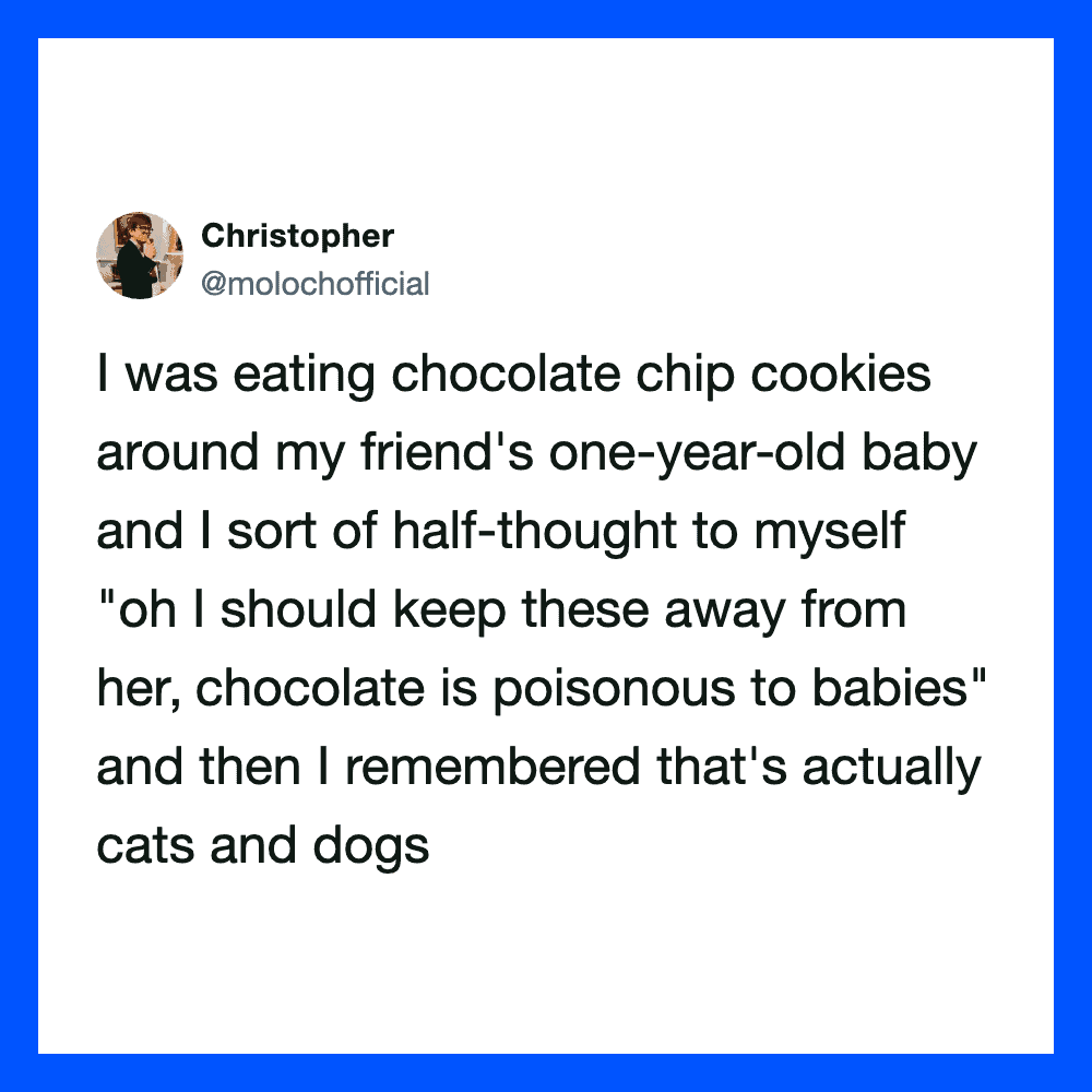 Twitter post by Christopher about chocolate chip cookies and a one-year-old baby.