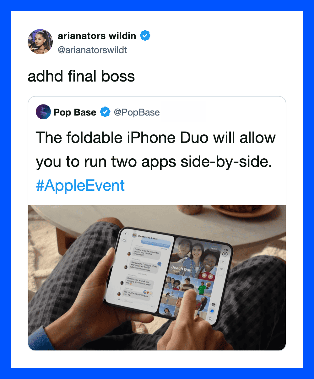 A person holding an iPhone Duo showing two apps side-by-side, with a tweet overlay.