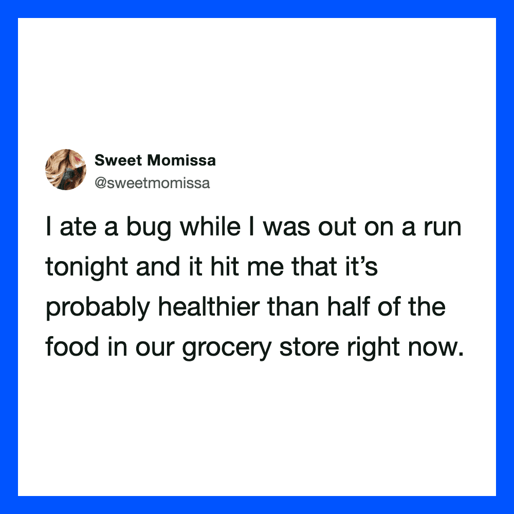 Screenshot of a tweet by Sweet Momissa about eating a bug while out on a run.