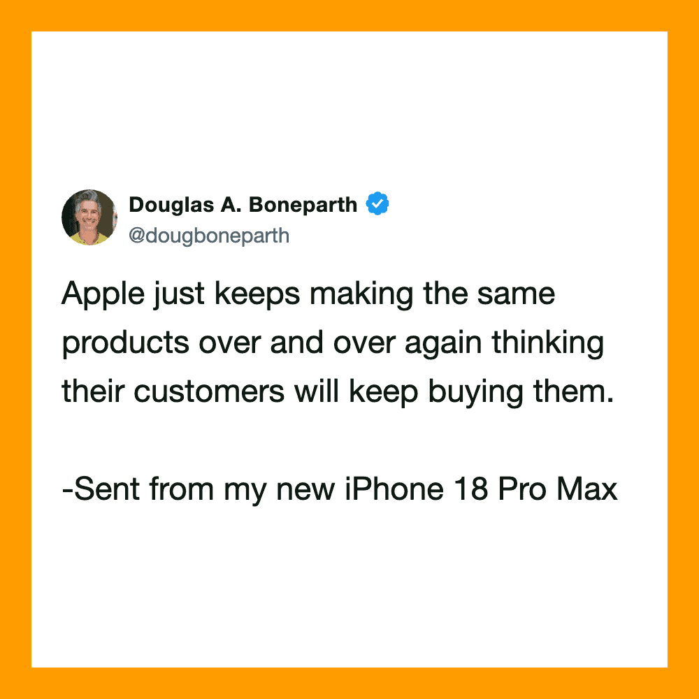 Tweet by Douglas A. Boneparth about Apple products and iPhone 18 Pro Max.