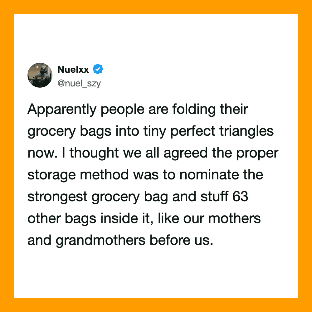 Tweet by Nuelxx about folding grocery bags into tiny triangles for storage.