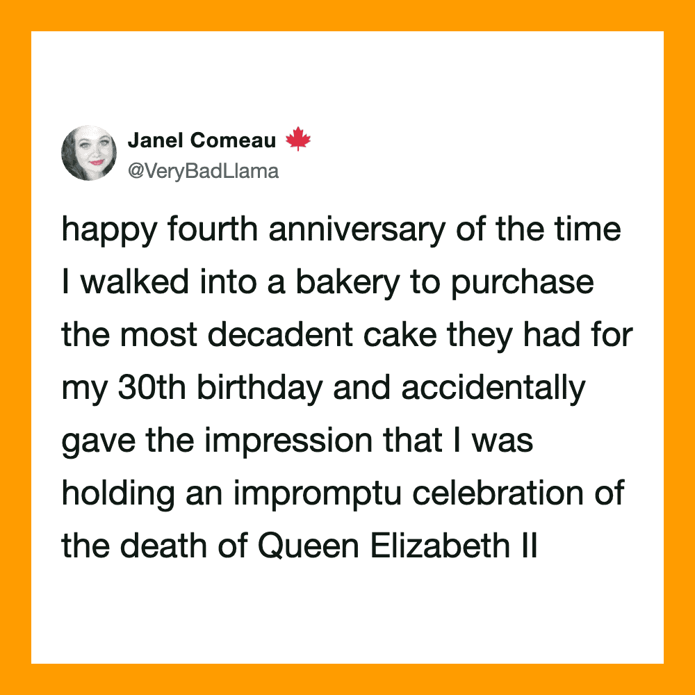 Janel Comeau's tweet about a bakery cake resembling Queen Elizabeth II's death.