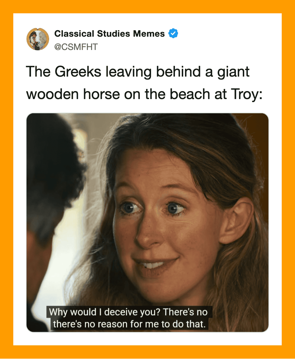 The Greeks leaving behind a giant wooden horse on the beach at Troy.