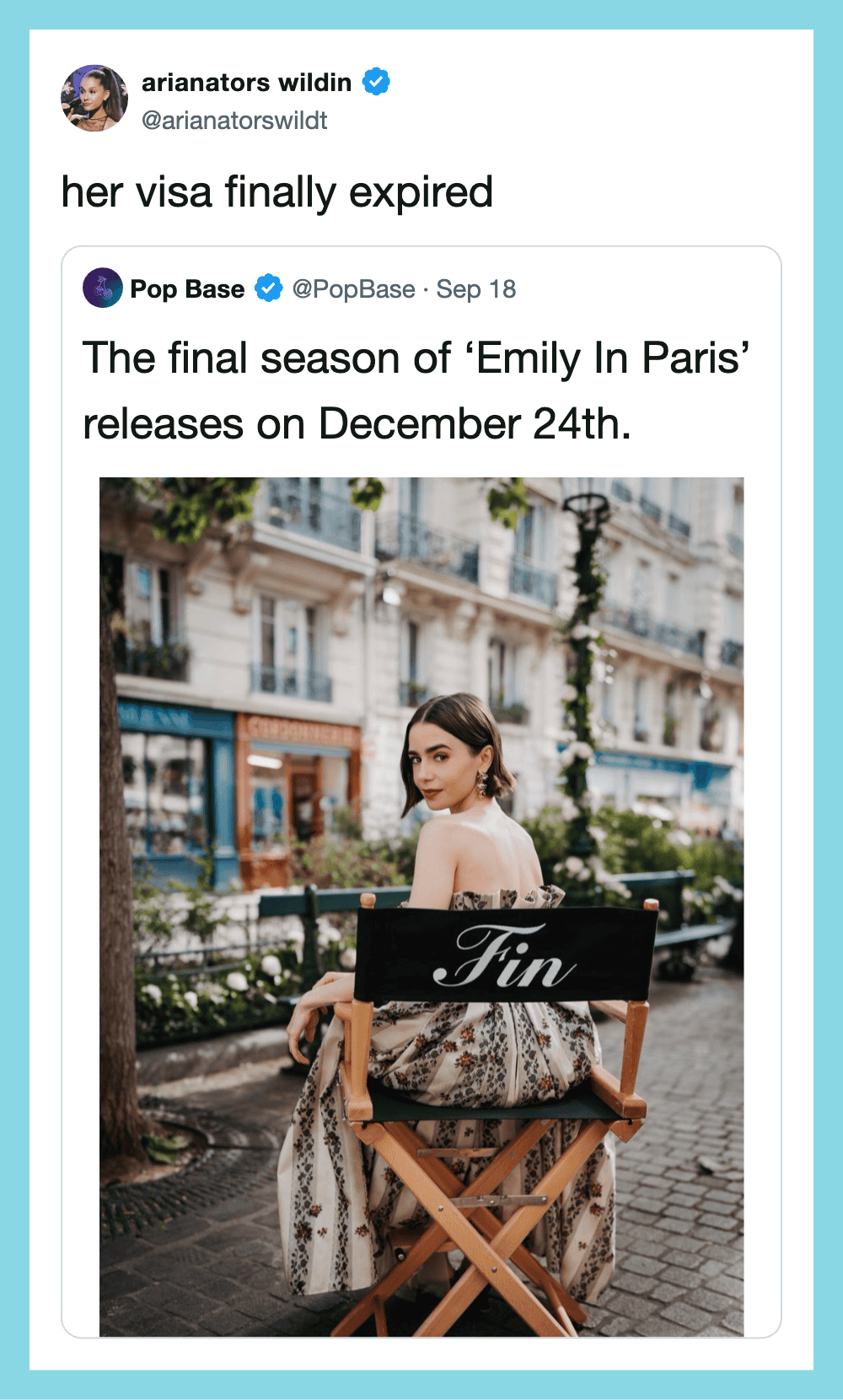 Her visa finally expired, as shown in a social media post about Emily in Paris.