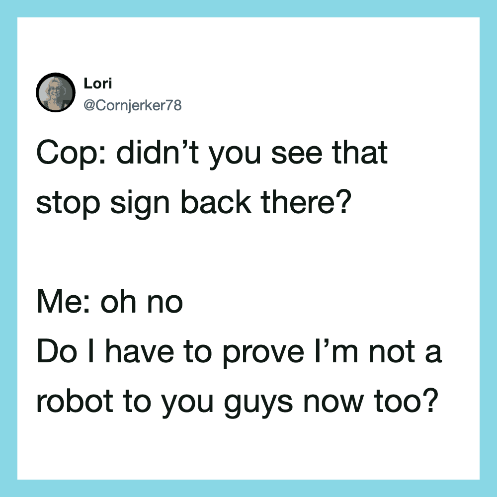 Twitter post by Lori about a humorous exchange with a cop.