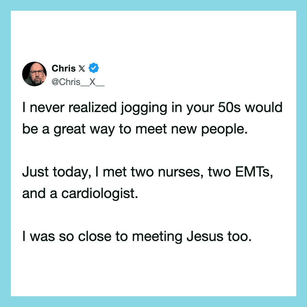Twitter post by Chris X about jogging and meeting healthcare professionals.