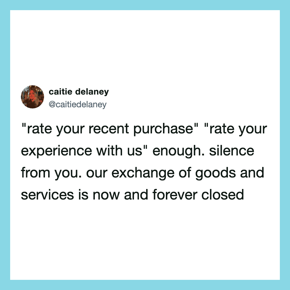 Caitie Delaney's tweet about exchange of goods and services being closed.