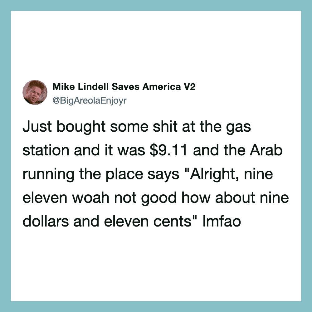 Twitter post by Mike Lindell about gas station price and Arab cashier.